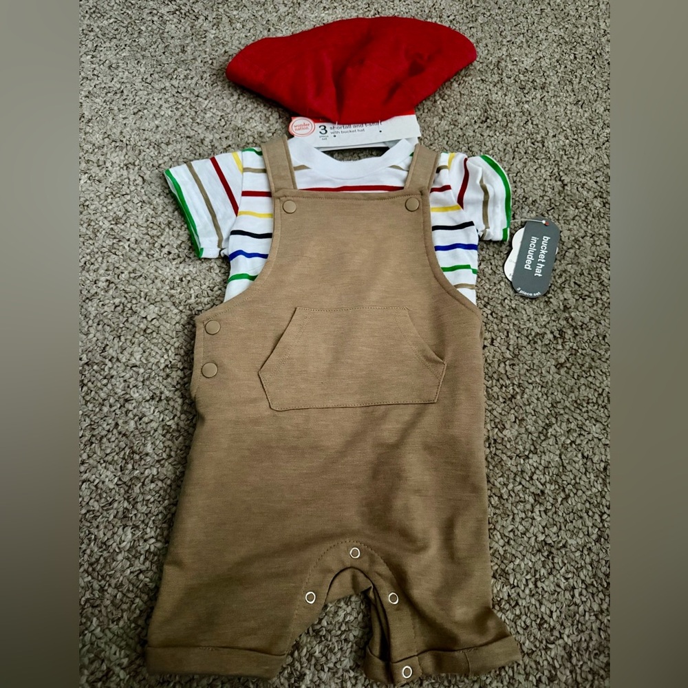 Red Bucket Hat and Tan Overalls Baby Outfit